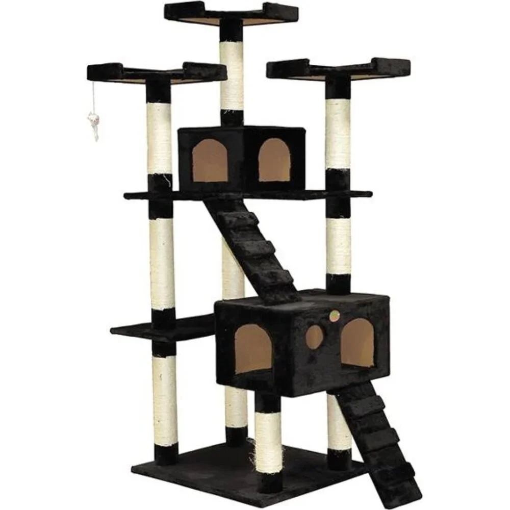 Tall Cat Tree Tower with Cat Condos Play Scratch Activity with Toy, Black, 72